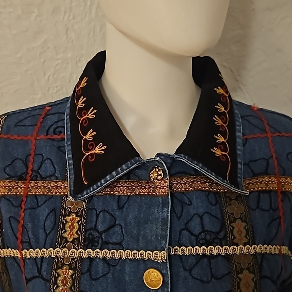 VTG TANTRUMS 1990s Denim Brocade Ribbon Embroidered Button Down Festival Shacket - Picture 4 of 8